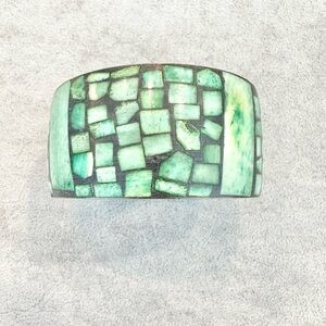 Vintage Boho Style Brass Green Turtle Back Mosaic Cuff Wide Bangle Bracelet